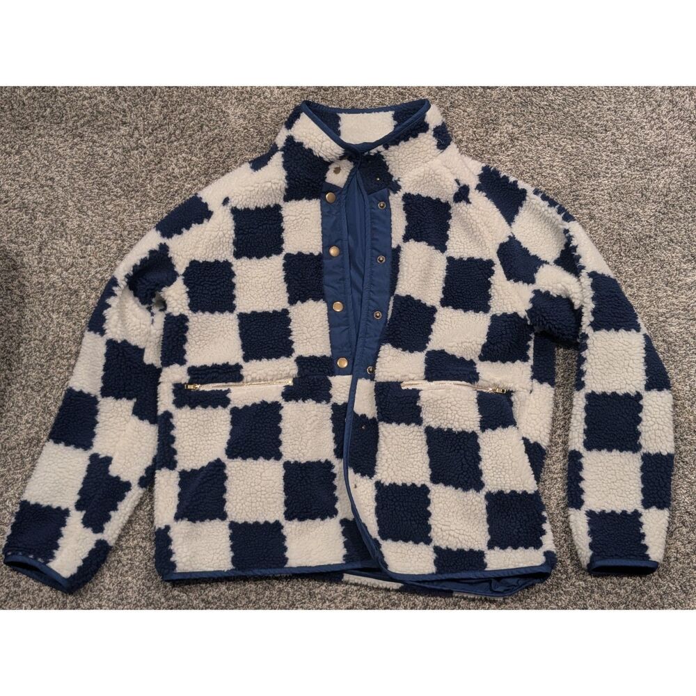 Checkerboard Sherpa Snap Jacket — Navy & Cream, Size Large